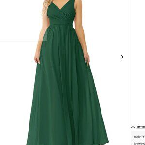 Azazie Kora Dark Green A-Line Pleated Chiffon Dress